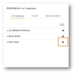 Screenshot: The Attendee widget with the raise hand icon displayed and the Attendee settings icon highlighted.