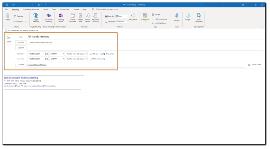 Screenshot: Microsoft Outlook new Teams meeting dialog.
