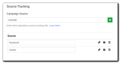 Screenshot: source tracking dialog, showing Campaign Source and Source list below.